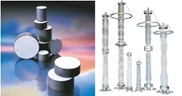 Zinc oxide discs and complete high voltage surge arrestor - source Meidensha Corp
