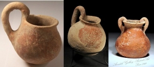 High handled vessels, jar 4<sup>th</sup> Millennium BC, cup Jericho 3,000 BC, and wine jar 3,500-2,300 BC. a) and c) - courtesy Aweidah Galleries - Jerusalem, b)  - source Forum of Ancient Coins