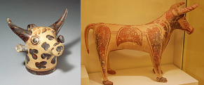 Minoan bulls, rhyton 1,450-1,400 BC - source Metropolitan Museum and figure, source Hieraklion Museum via George Goutas