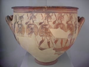 Krater decorated with warriors, 12th century BC - source Archaeological Museum, Athens