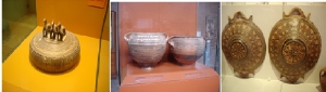 Geometric vessels, pyxis for food offerings &ndash; the lid probably representing status of the dead, Kraters as burial urns for infants, and platters, 750-720 BC - source a and c Archaeological Museum, Athens, b Olympia Museum