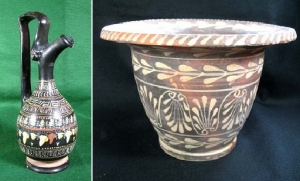 South Italian, gnathian prochus, 4th century BC courtesy Collector-Antiquities, and a Greek style bucket, 3rd-4th centuries BC