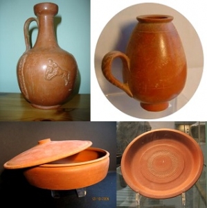 North African red slip ware, a bestiaries wrestling a bull, 3rd century AD; handled vase 4th century AD; Tunisian dish 350-400 AD and lidded dish 4th century AD&rdquo; b) and d) - courtesy Collector-Antiquities, c) Wikipedia