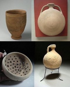 Roman, goblet; moonflask source Museo Arqueologico, Seville; wine strainer bowl 100 AD; and perfume jar 37 BC - 70 AD