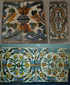 Sixteenth century tin glazed Spanish tiles, relief moulded, Seville and Cuenca - Image courtesy of the Potteries Museum and Art Gallery, Stoke-on-Trent and Set of four tiles - source Alcazar, Seville