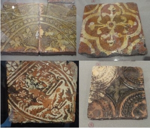 14-15<sup>th</sup> century English tiles, Lancaster Abbey, Derbyshire white clay inlaid with copper/lead glaze, wooden stamp and white clay inlaid, and relief pattern using stamps and tools - Image courtesy of the Potteries Museum and Art Gallery, Stoke-on-Trent