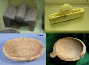 Two grinders, Indian and Chinese Tang - courtesy Chennai Museum and source Hong Kong Museum; Egyptian fish scaling dish, Middle Kingdom, UC18812 Copyright of the Petrie Museum of Egyptian Archaeology, UCL; and Roman mortarium, 2-3<sup>rd</sup> centuries BC, courtesy Collector-Antiquities