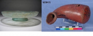 Roman green glass plate 300 AD, and Egyptian Dynasty 18 salt horn, UC19178 Latter Copyright of the Petrie Museum of Egyptian Archaeology, UCL