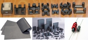 Cores for inductors and transformers; electronic radio frequency shielding, source AIC Magnetics; a collection of components; and ferrite filter &ldquo;beads&rdquo;