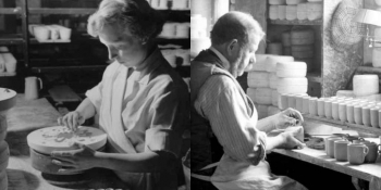 a) Casting handles for cups b) Adding Handles - courtesy Worcester Porcelain Museum