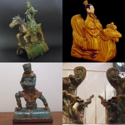 Ming roof tiles, celestial warrior (general Guan Yu), figure riding phoenix, massive dragons and fearsome being scaring evil spirits - courtesy R&G McPherson Antiques