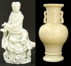 Ming Chongzhen figure of Guanyin and blanc-de-chine temple vase from Dehua - courtesy R&G McPherson Antiques