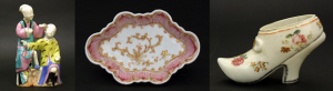 Qianlong export famille rose, figure group, spoon tray and western shoe shaped snuff box - courtesy R&G McPherson Antiques