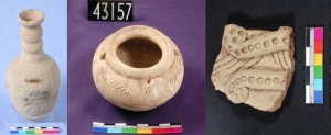 Middle Kingdom incised marl ware, perforated bowl, Qena ware bottle and highly decorated sherd UC43157, 8917 and 66655 - Copyright of the Petrie Museum of Egyptian Archaeology, UCL
