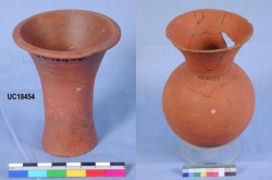 Dynasty 12, flared neck red ware, cylinder vase and globular pot UC18454 and 16137 - Copyright of the Petrie Museum of Egyptian Archaeology, UCL