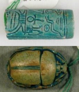 Middle Kingdom glazed steatite, cylinder seal and scarab UC11527 and 11362 - Copyright of the Petrie Museum of Egyptian Archaeology, UCL
