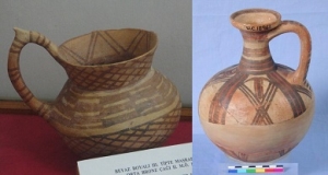 Cypriot painted white ware tankard 1,800-1,700 BC and bichrome jug UC18961 - source Guzelyurt Archaeological Museum and Copyright of the Petrie Museum of Egyptian Archaeology, UCL