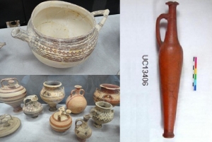 Cypriot white slipped spouted bowl 1,450-1,225 BC and 16<sup>th</sup> century BC Syrian vessels - source St Barnabas Archaeological museum, Cyprus and Dynasty 18 Cypriot wheelmade burnished &ldquo;spindle bottle&rdquo; - Copyright of the Petrie Museum of Egyptian Archaeology, UCL