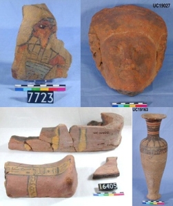 Dynasty 18, sherd from decorated coffin, face from coffin, model coffin and Hes vase UC7723, 19027, 16405 and 19163 - Copyright of the Petrie Museum of Egyptian Archaeology, UCL