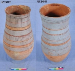 Dynasty 18, jars with cream grounds painted in blue, red and black UC24541 and 19122 - Copyright of the Petrie Museum of Egyptian Archaeology, UCL