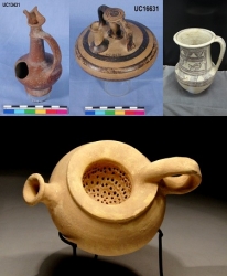 Dynasty 18 Cypriot juglet and Mycenaean stirrup vase UC13431 and 16631,(Copyright of the Petrie Museum of Egyptian Archaeology, UCL), Mycenaean beaker 1,400-1190 BC, source St Barnabas Antiquities Museum and wine strainer from N Israel 1,550-1,200 BC courtesy Aweidah Gallery