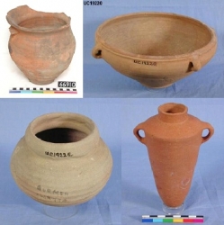 Third Intermediate, chamber pot, bowl with four loop handles, small amphora and Ballas ware jar, UC66910, 19220, 42271 and 19225 - Copyright of the Petrie Museum of Egyptian Archaeology, UCL