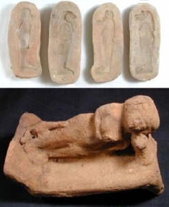Third Intermediate, fertility figure and moulds of sons of Horus &ndash; human, falcon, jackal and baboon UC8649 and 55207 - Copyright of the Petrie Museum of Egyptian Archaeology, UCL