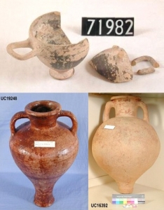Late Period double handled drinking cup or Kantharos and two Dynasty 26, Greek amphorae found in Egypt UC71982, 16392 and 19248 - Copyright of the Petrie Museum of Egyptian Archaeology, UCL
