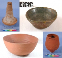 Late Period, pink ware funnel, glazed dark green measuring bowl, red slipped pedestal cup and bowl UC19350, 49626, 19310 and 66393 - Copyright of the Petrie Museum of Egyptian Archaeology, UCL