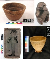 Late Period, embalming bowl, Thoth baboon, dish &ldquo;god&rsquo;s offering of Netheb&rdquo; and mould of Osiris used for ritual germination of seeds UC54948, 60050, 16015 and 72101 - Copyright of the Petrie Museum of Egyptian Archaeology, UCL