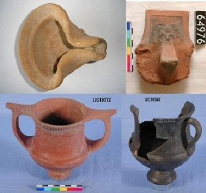 Ptolemaic period, Greek lamp, Greek style bearded and horned head, burnished black ware and red ware Kantharoi, UC19342, 19372 and 64976 - Copyright of the Petrie Museum of Egyptian Archaeology, UCL