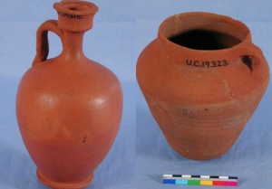 Ptolemaic Period red/orange burnished ware, jug with Palestinian style handle and jug wheelmade below the shoulder UC19315 and 19323 - Copyright of the Petrie Museum of Egyptian Archaeology, UCL