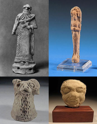 Old Babylonian Period models, head of ram, mask of Humbaba and figure, courtesy Ifergan Collection, and a warrior, source National Museum of Iraq Baghdad