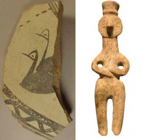 Persian, sherd slipped cream and decorated with birds, 2,000 BC and Amlash (NW of Tehran) human figure, 1,500 BC - courtesy Milwaukee Public Museum