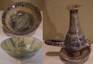 Kashan 13-14 centuries lustre wares, blue and black and floral bowls and an oil lamp - courtesy Milwaukee Public museum