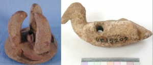 Naqada II, three snakes with ostrich egg shell eyes and duck model UC15361 and 15202 - Copyright of the Petrie Museum of Egyptian Archaeology, UCL