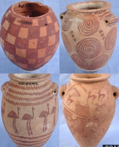 Gerzean vessels, pinkware with checker board pattern, with spirals, with ostriches and buffware with boats and antelopes, UC10888, 6299, 6298 and 8812 - Copyright of the Petrie Museum of Egyptian Archaeology, UCL