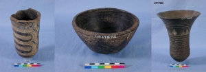 Gerzean black incised vessels, bowl with zigzag rim, beaker with herringbone pattern and flared beaker UC17873, 17870 and 17869 - Copyright of the Petrie Museum of Egyptian Archaeology, UCL