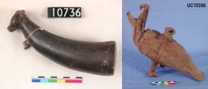 Gerzean pottery horn with cow&rsquo;s head with beads as eyes and bird shaped pot UC15356 and 10736 - Copyright of the Petrie Museum of Egyptian Archaeology, UCL