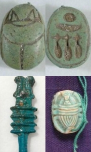Dynasty 18 scarab, on reverse &ldquo;Ra is the lord of perfection&rdquo;, pillar amulet and beetle scarab UC60716/a, 38648 and 44041 - Copyright of the Petrie Museum of Egyptian Archaeology, UCL
