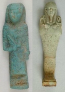 Ushabtis, blue faience Dynasty 22 and blue glazed Dynasty 26, UC29961 and 28055 - Copyright of the Petrie Museum of Egyptian Archaeology, UCL