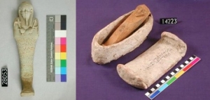 Mummy ushabtis, Dynasty 26 blue glaze on pottery and a Dynasty 18 pottery coffin for a wooden ushabti UC28053 and 14223 - Copyright of the Petrie Museum of Egyptian Archaeology, UCL