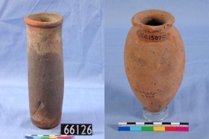 Dynasty I small jar and Early Dynasty pink vase from Hierakonpolis UC66126 and 15075 - Copyright of the Petrie Museum of Egyptian Archaeology, UCL