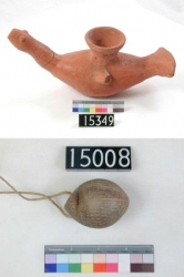 Dynasty I bird shaped vessel and Early Dynasty incised rattle UC15349 and 15008 - Copyright of the Petrie Museum of Egyptian Archaeology, UCL