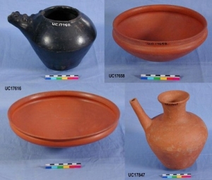 Dynasty 4 burnished red pottery bowl, orange slipped spouted jar and bowl, Dynasty 5 black ware spouted jar with studs copying rivets UC17658, 17847, 17616 and 17750 - Copyright of the Petrie Museum of Egyptian Archaeology, UCL