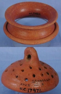 Dynasty 5 burnished red slipped pot stand and perforated lid UC17667 and 17971 - Copyright of the Petrie Museum of Egyptian Archaeology, UCL