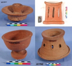 Dynasty 4/6 domestic ware, pink ware candlestick, red ware stemmed cup, headrest and brazier stand UC17832, 17617, 8612 and 17842 - Copyright of the Petrie Museum of Egyptian Archaeology, UCL