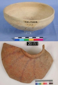 Dynasty 4, Nubian Ballas ware bowl, and painted pink ware pot sherd UC17858 and 20151 - Copyright of the Petrie Museum of Egyptian Archaeology, UCL