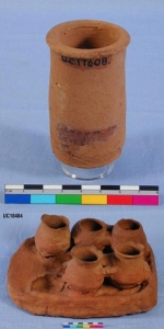 Red ware models of cylinder jar and jars on tray UC17608 and 18404 - Copyright of the Petrie Museum of Egyptian Archaeology, UCL
